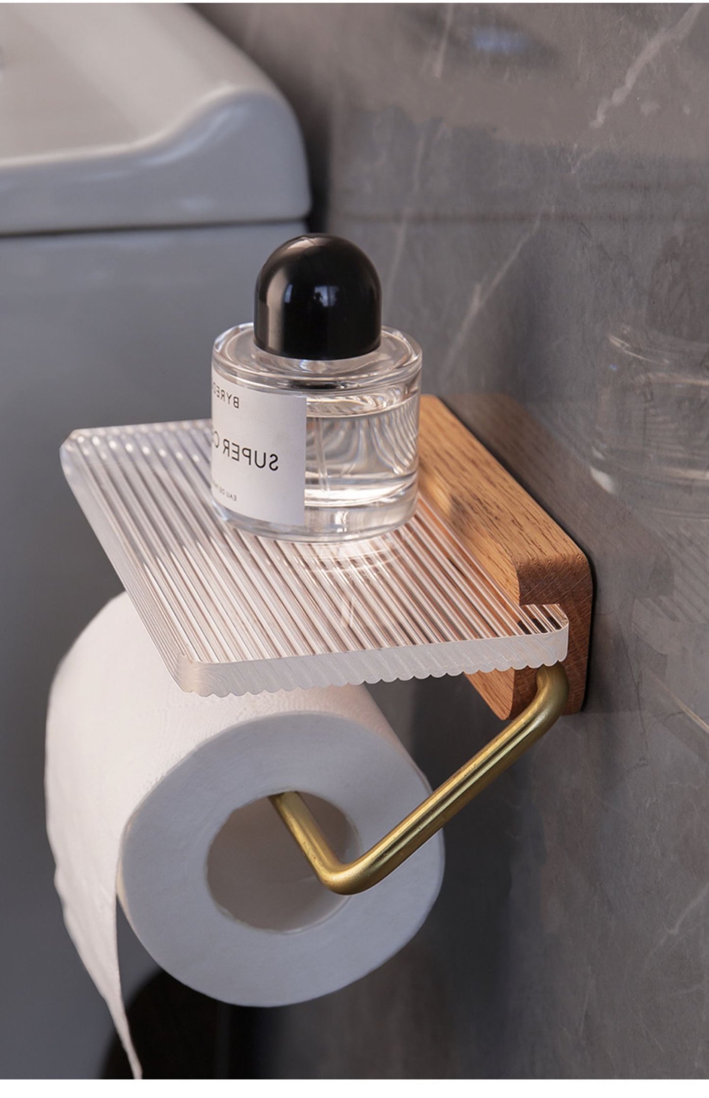 Beech Toilet Paper Holder w/ Acrylic Shelf