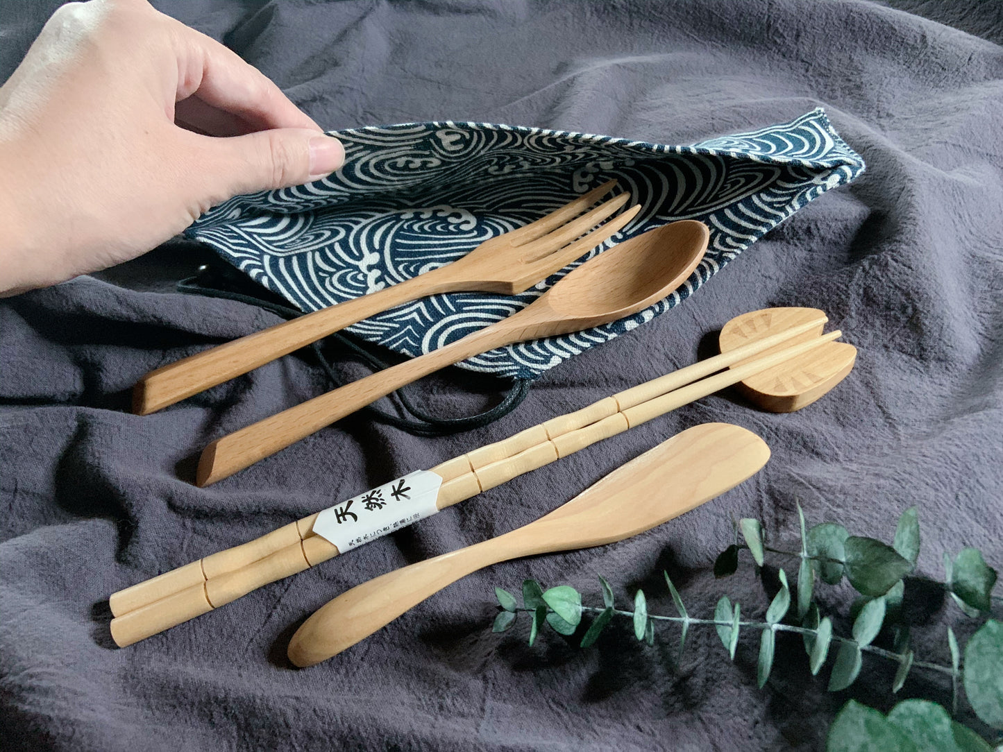 6-pc Japanese Style Natural Wooden Cutlery Set with Cotton Storage Pouch