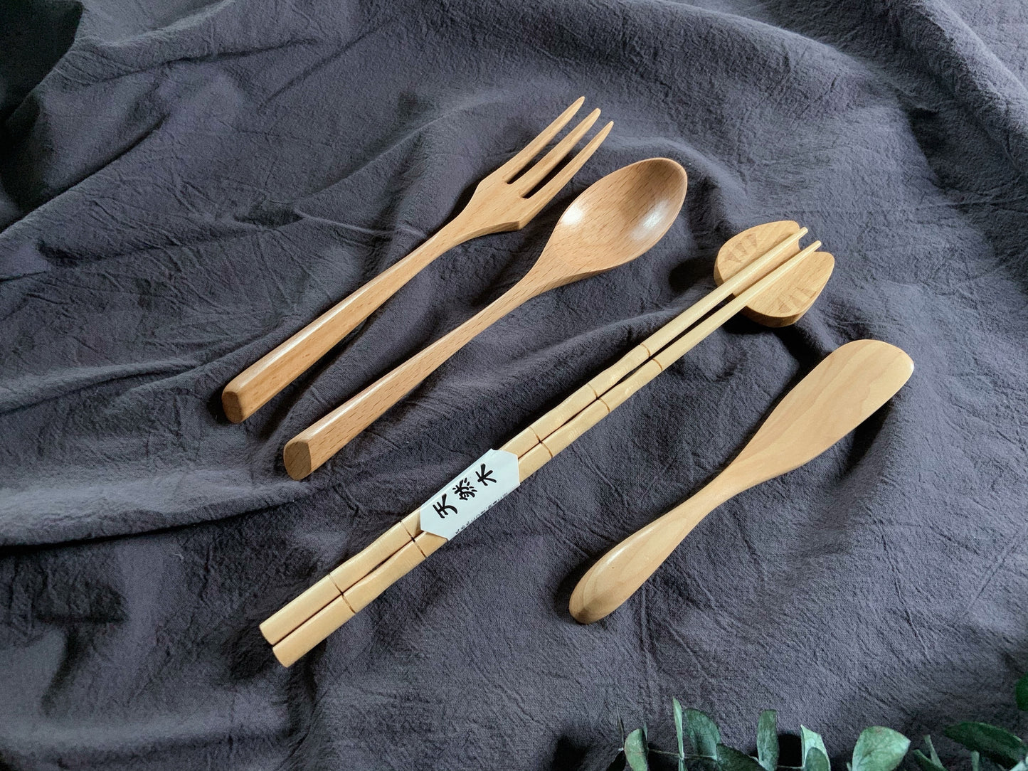 6-pc Japanese Style Natural Wooden Cutlery Set with Cotton Storage Pouch