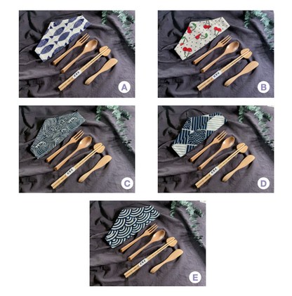 6-pc Japanese Style Natural Wooden Cutlery Set with Cotton Storage Pouch