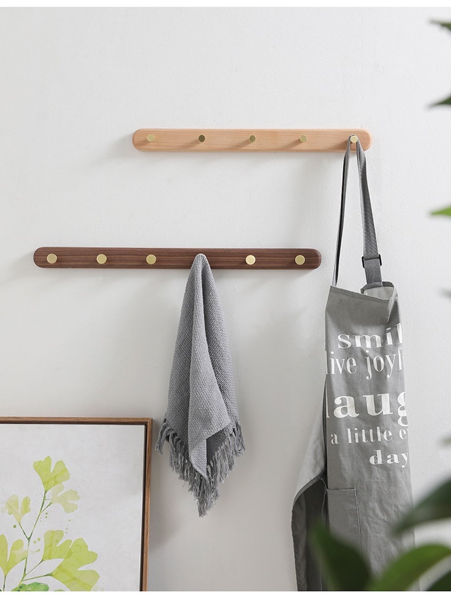 Solid Wood Clothes Rack with Brass Hooks