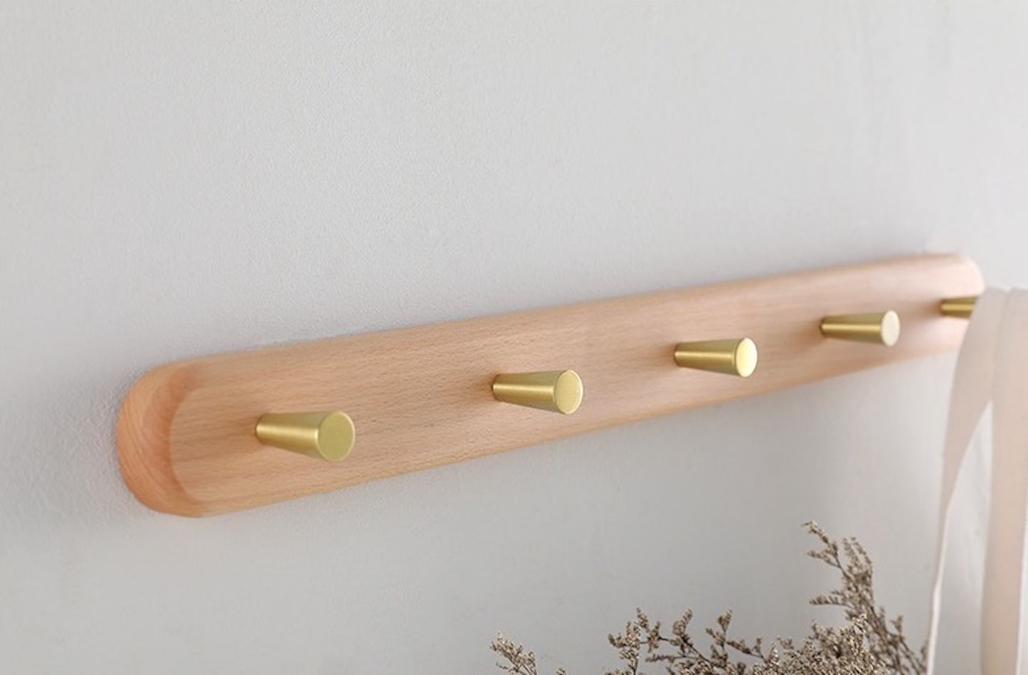 Solid Wood Clothes Rack with Brass Hooks