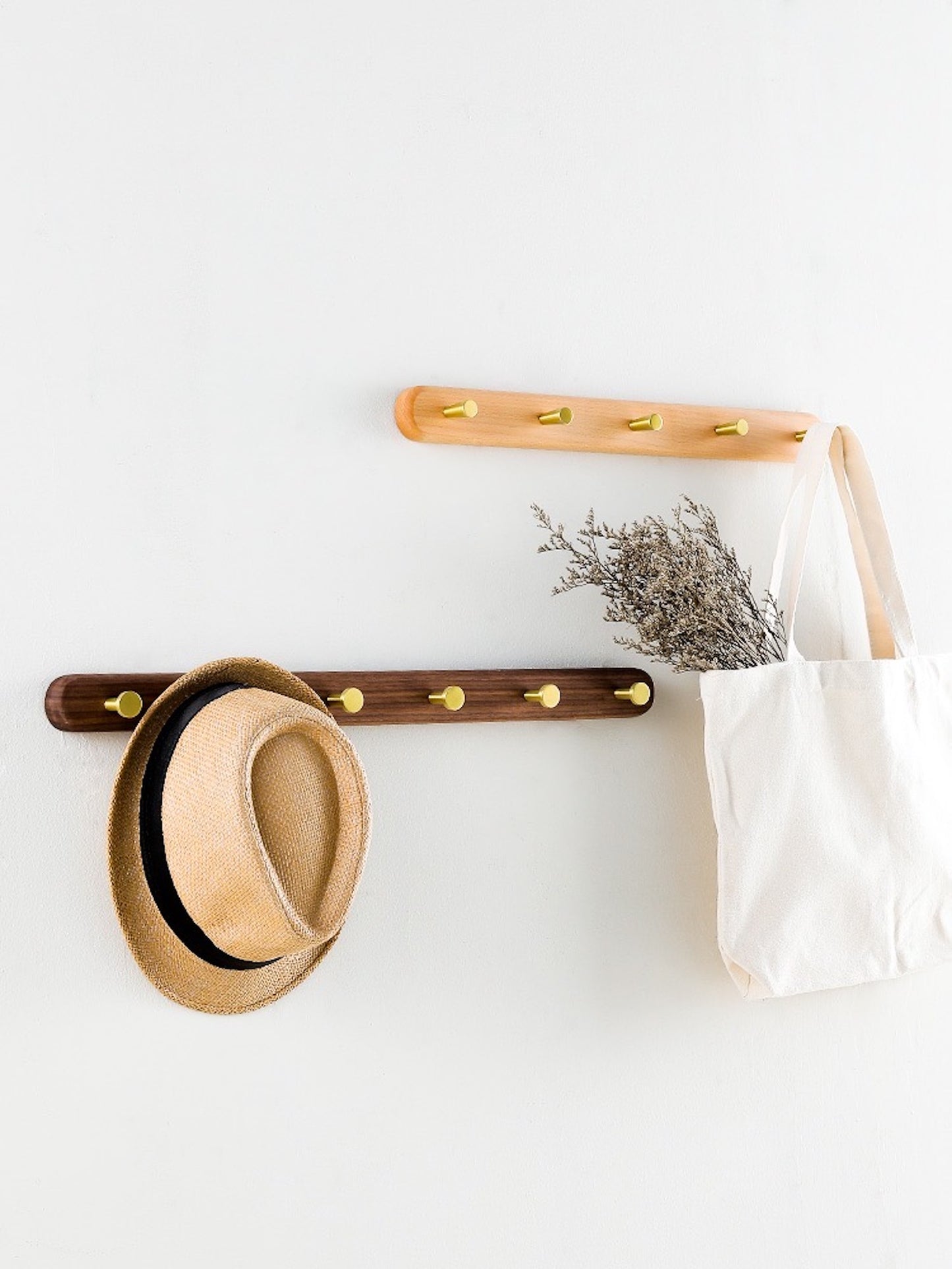 Solid Wood Clothes Rack with Brass Hooks