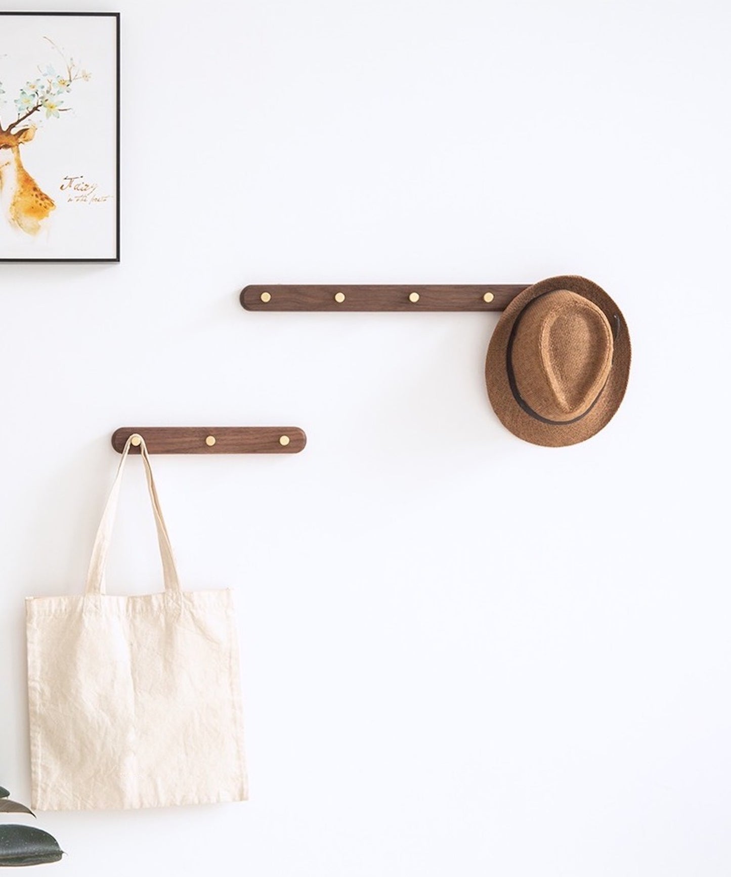 Solid Wood Clothes Rack with Brass Hooks