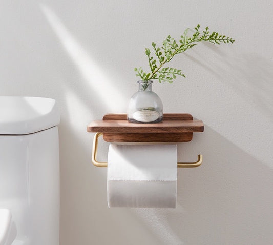 Walnut/Gold Finish Stainless Steel Toilet Paper Holder w/ Shelf