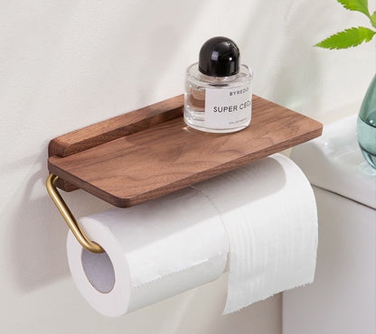 Walnut/Gold Finish Stainless Steel Toilet Paper Holder w/ Shelf