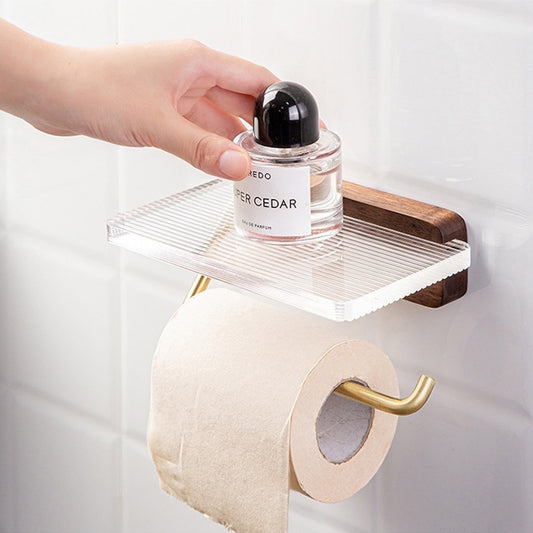 Walnut Toilet Paper Holder with Shelf w Acrylic Shelf