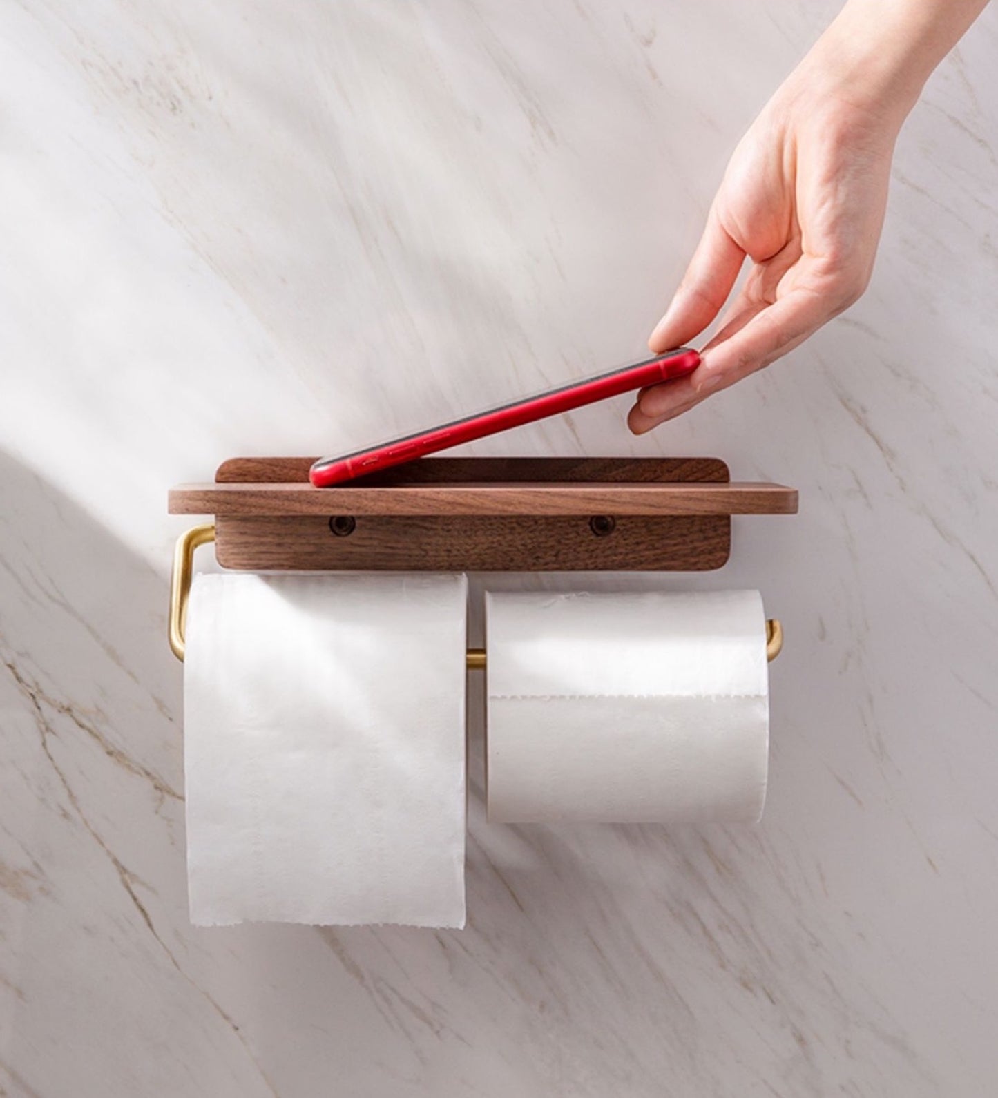 Walnut/Gold Finish Stainless Steel Toilet Paper Holder w/ Shelf