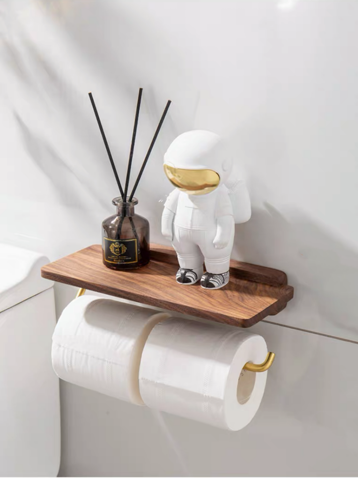 Walnut/Gold Finish Stainless Steel Toilet Paper Holder w/ Shelf