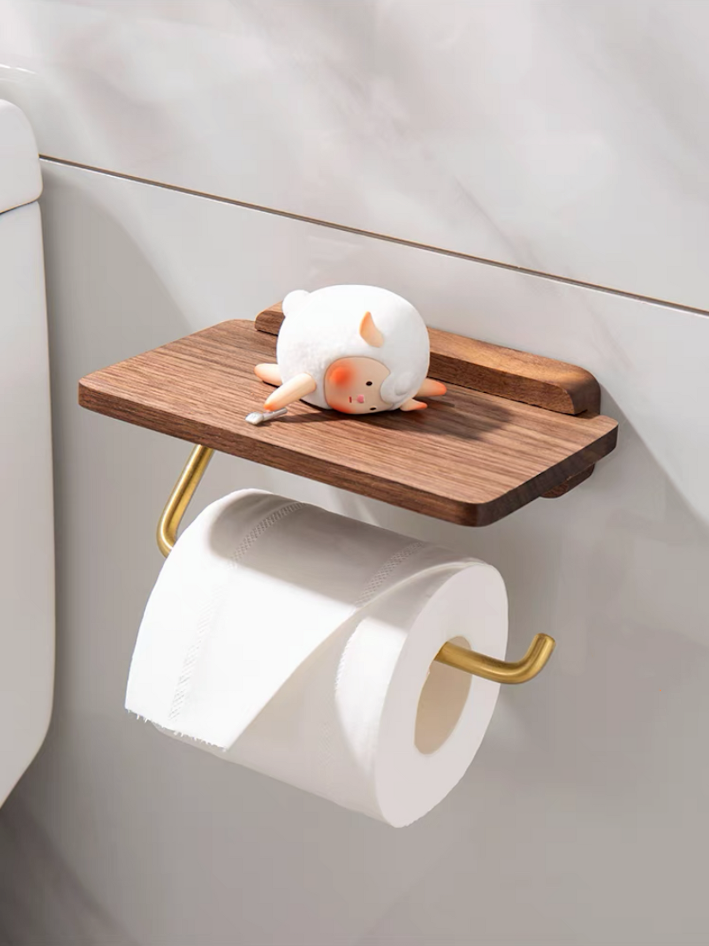 Walnut/Gold Finish Stainless Steel Toilet Paper Holder w/ Shelf