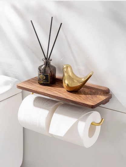 Walnut/Gold Finish Stainless Steel Toilet Paper Holder w/ Shelf