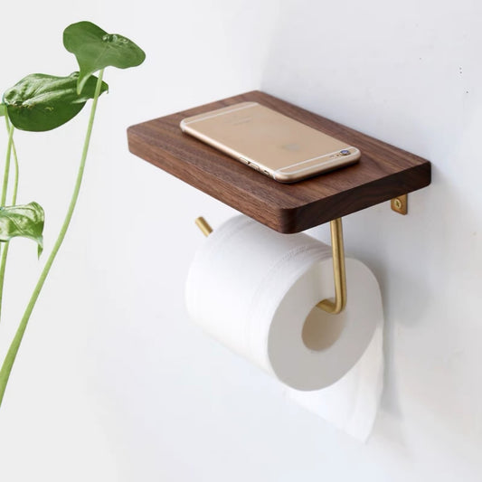 Wood & Brass Toilet Paper Holder w/ Shelf