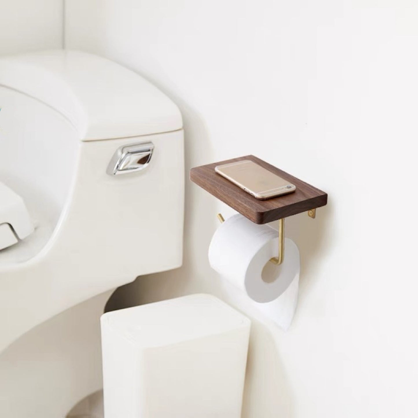 Wood & Brass Toilet Paper Holder w/ Shelf