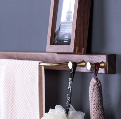 Walnut/Beech Brass Towel Holder w/ Wall Hooks