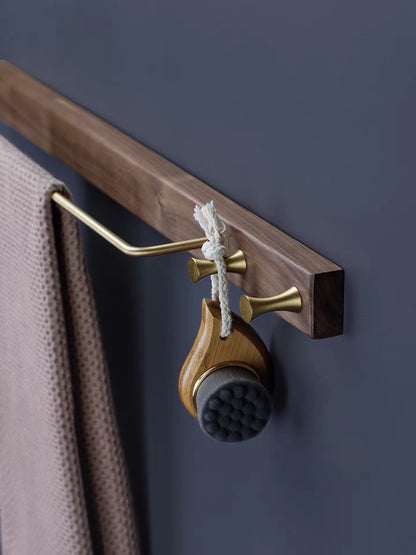 Walnut/Beech Brass Towel Holder w/ Wall Hooks