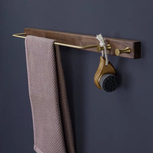 Walnut/Beech Brass Towel Holder w/ Wall Hooks