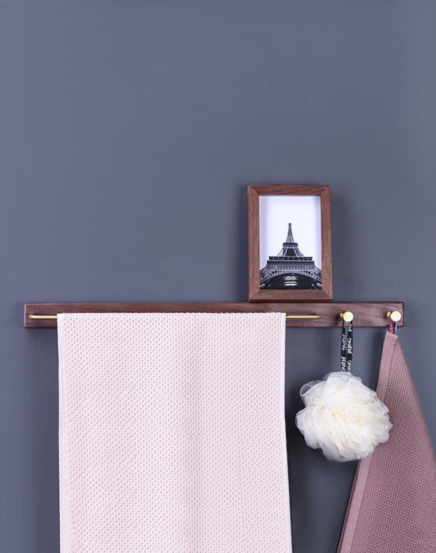 Walnut/Beech Brass Towel Holder w/ Wall Hooks